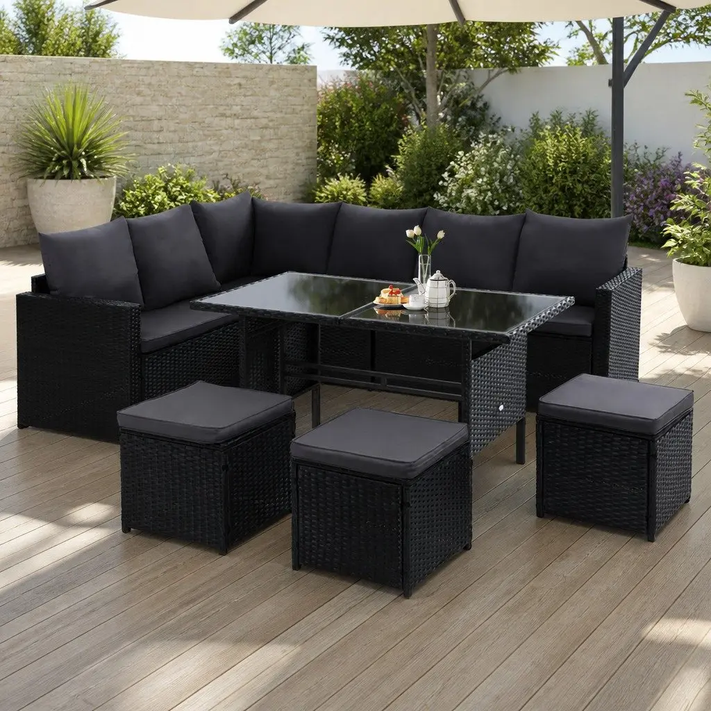 Outdoor Sofa Dining Set 9 Piece Modular Lounge Chairs Table Ottoman with Cover Black