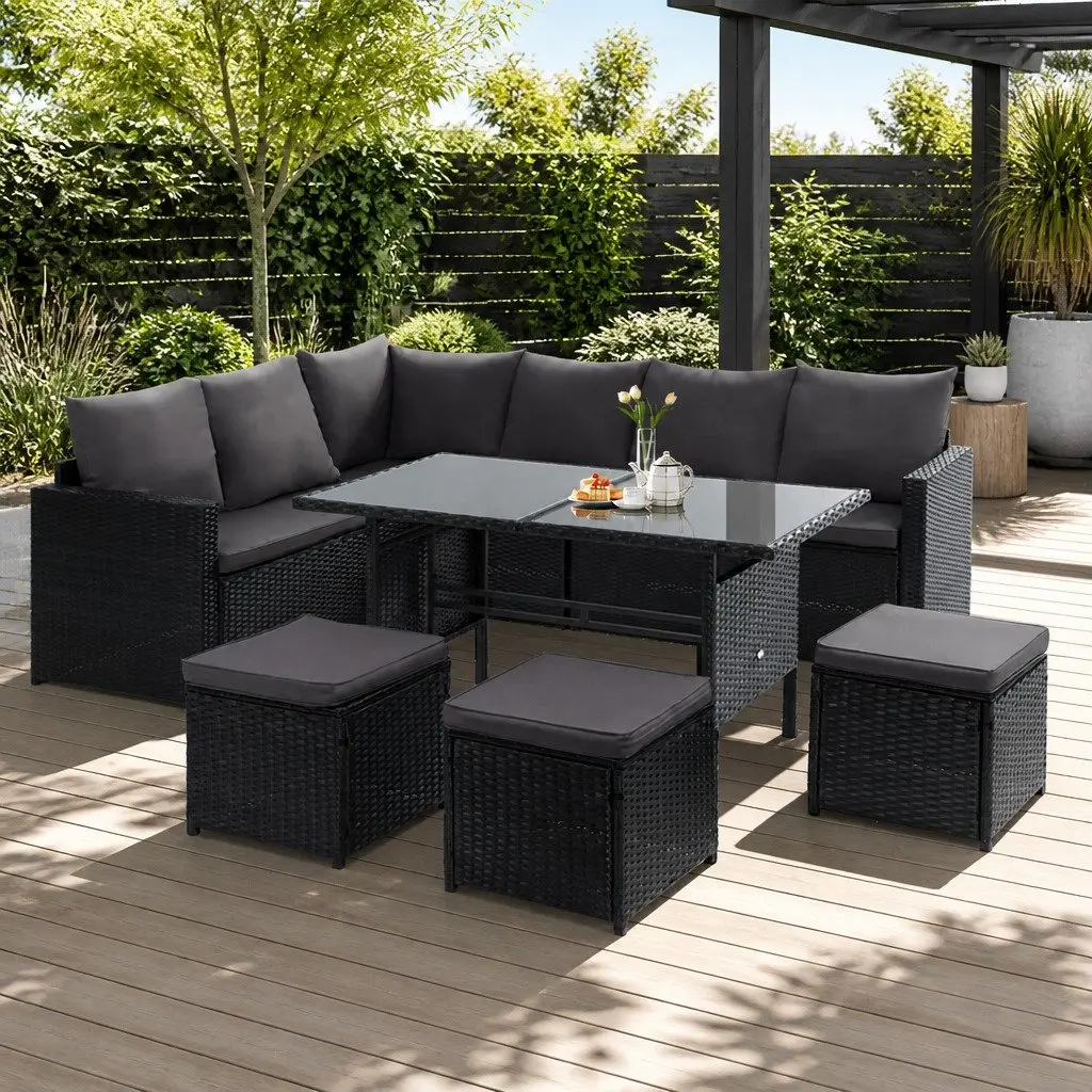 Outdoor Lounge Dining Setting 9 Seater Wicker Sofa Set with Table Black