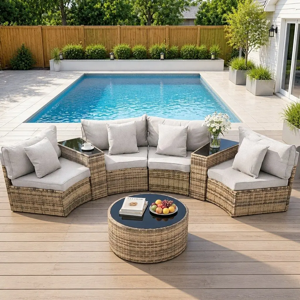 Outdoor Sofa Set 7 Piece Customisable Seating Arrangement Brown Rattan for Patio Garden