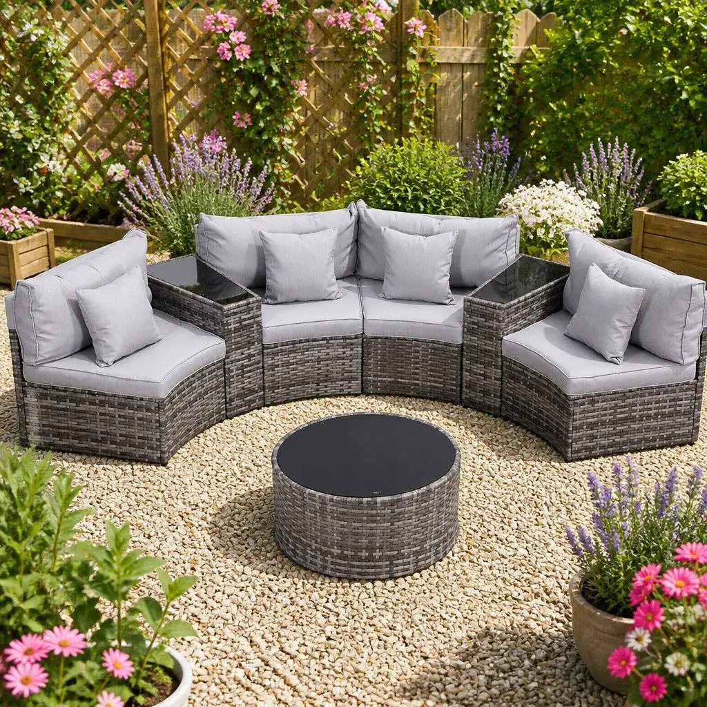 Outdoor Sofa Set 7 Piece Grey Rattan with Removable Cushions and Tempered Glass Table Top