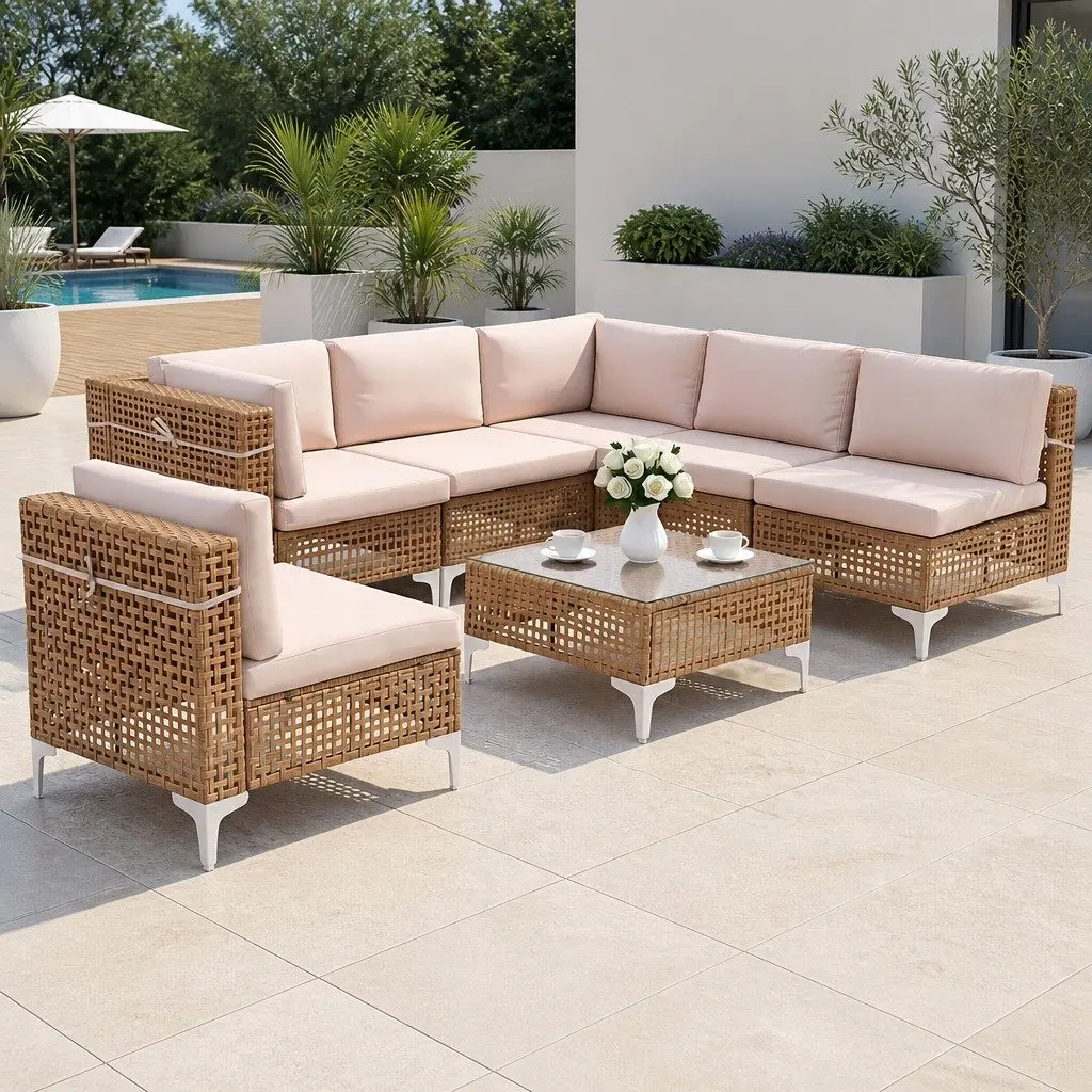 6 Seater Outdoor Sofa Set Modular Rattan Patio Furniture with Coffee Table