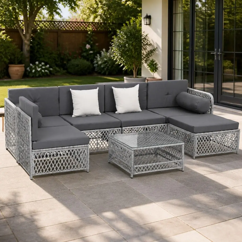 7 Piece Outdoor Sofa Set 6 Seater Lounge Chair Ottoman Table Garden Patio