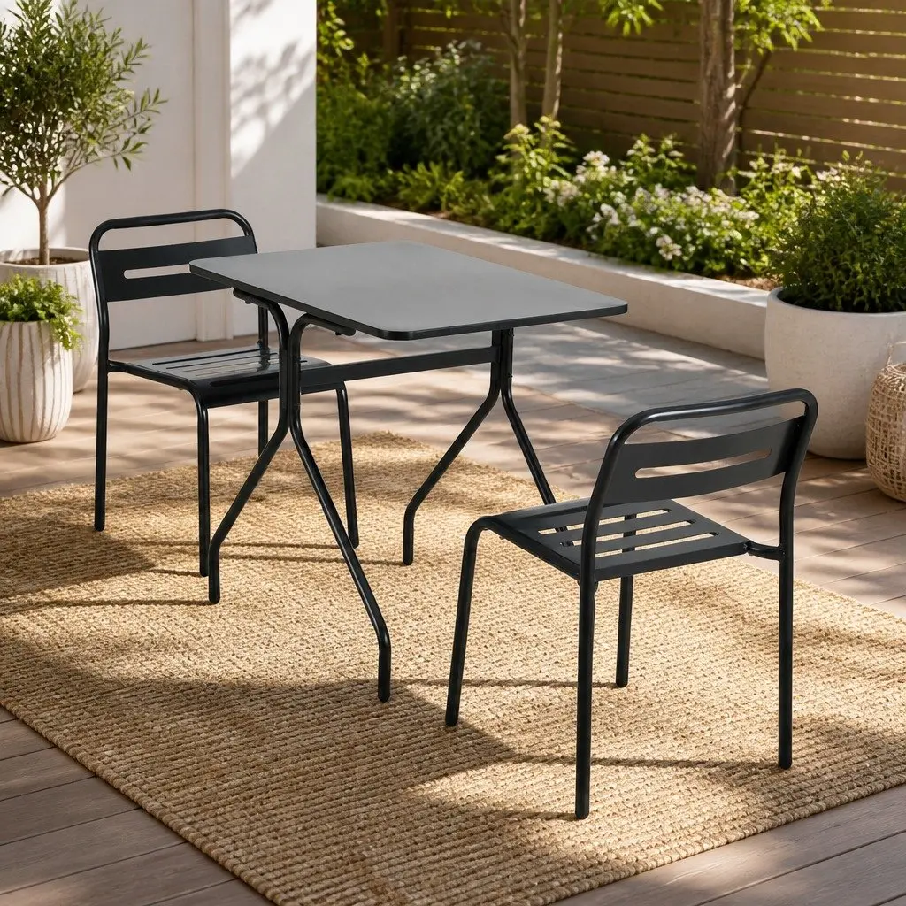 Outdoor Bistro Set Black Steel 3 Piece Weather Resistant Dining Table and Chairs for Garden or Patio