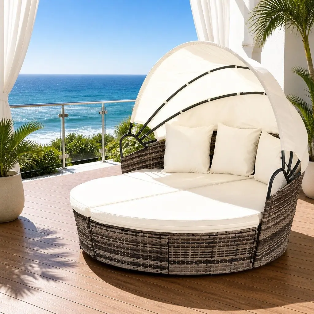 Outdoor Day Bed Set 3 Piece Folding Canopy Weather Resistant Wicker Lounger