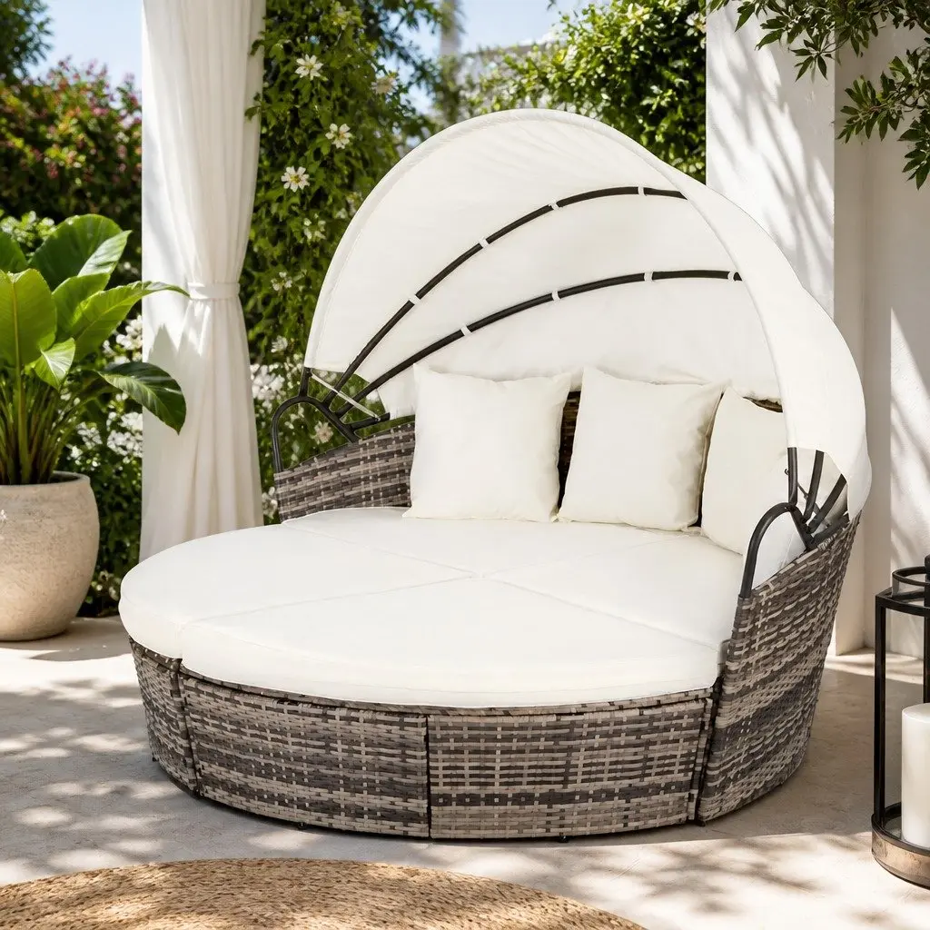 Outdoor Day Bed Set 3 Piece Folding Canopy Weather Resistant Wicker Lounger
