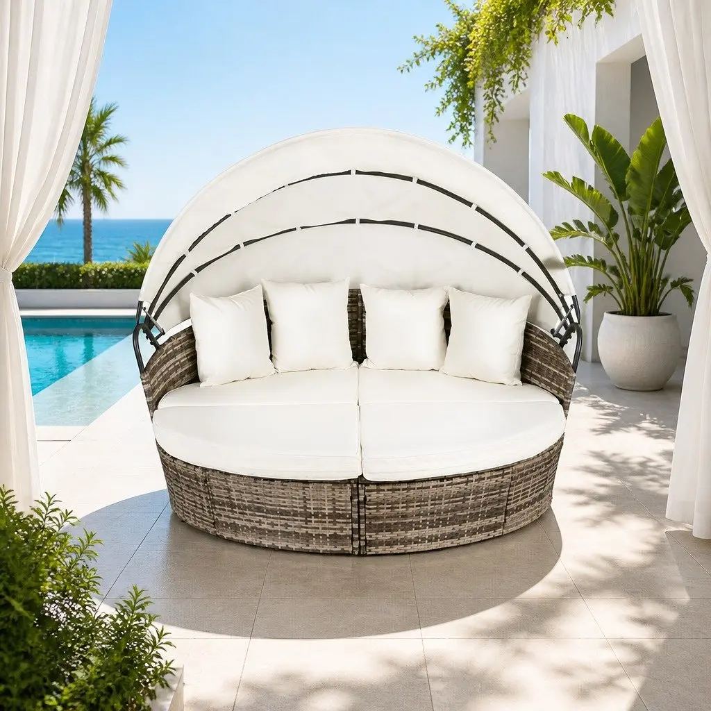 Outdoor Day Bed Set 3 Piece Folding Canopy Weather Resistant Wicker Lounger