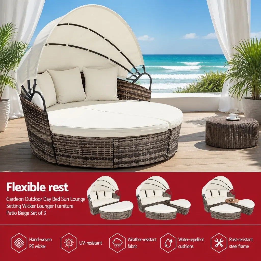 Outdoor Day Bed Set 3 Piece Folding Canopy Weather Resistant Wicker Lounger