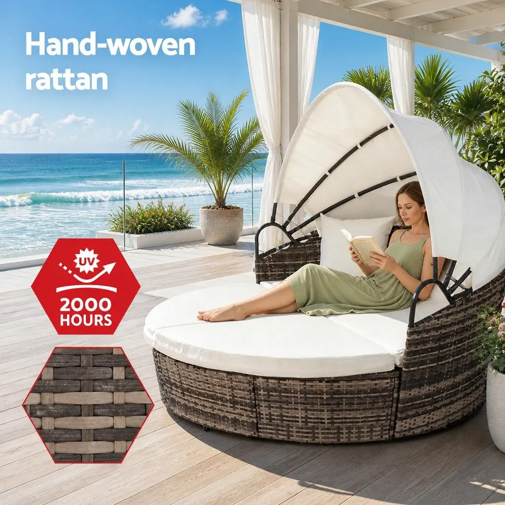 Outdoor Day Bed Set 3 Piece Folding Canopy Weather Resistant Wicker Lounger