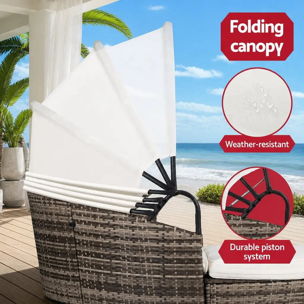 Outdoor Day Bed Set 3 Piece Folding Canopy Weather Resistant Wicker Lounger