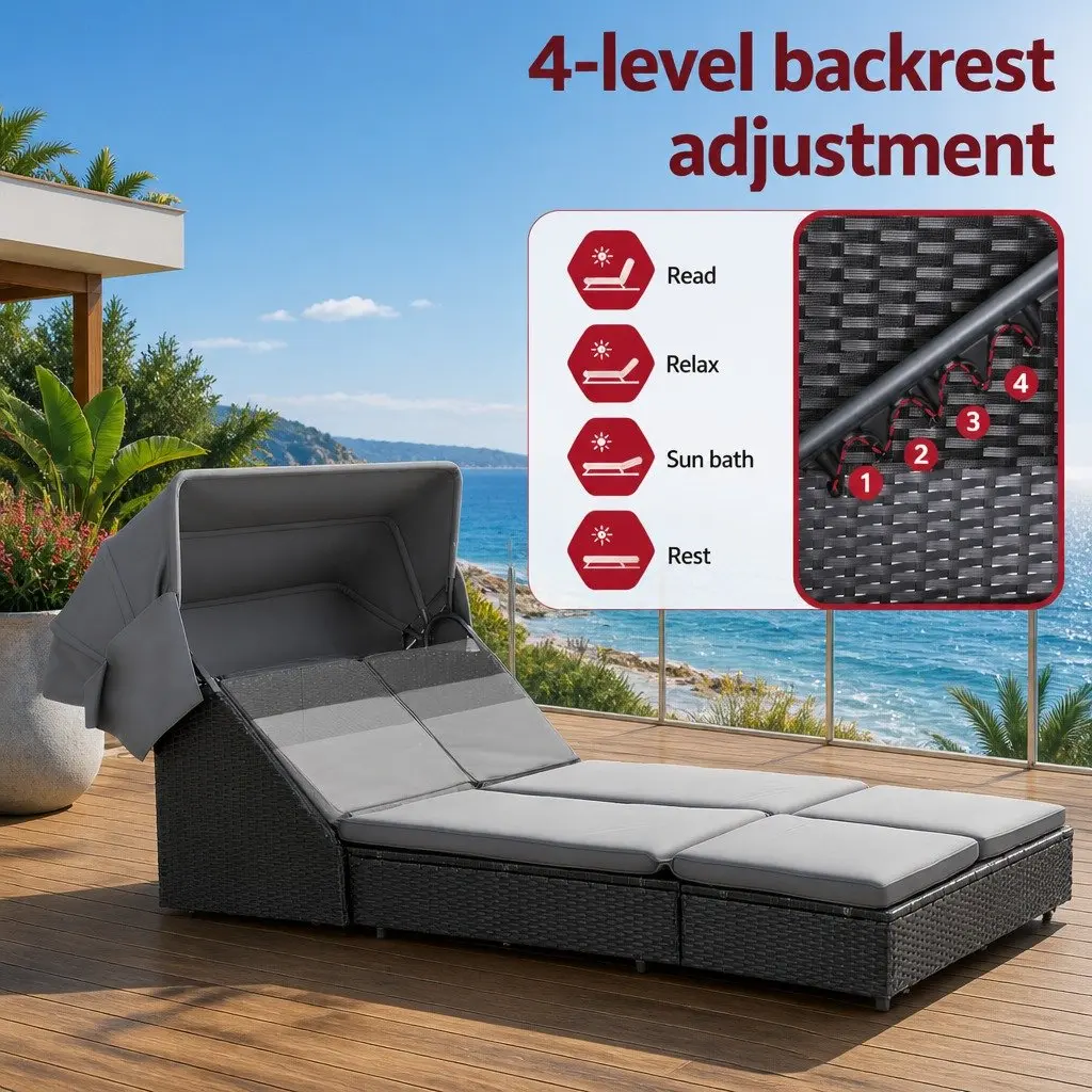 Outdoor Day Bed Adjustable Backrest Wicker Lounger Patio Furniture