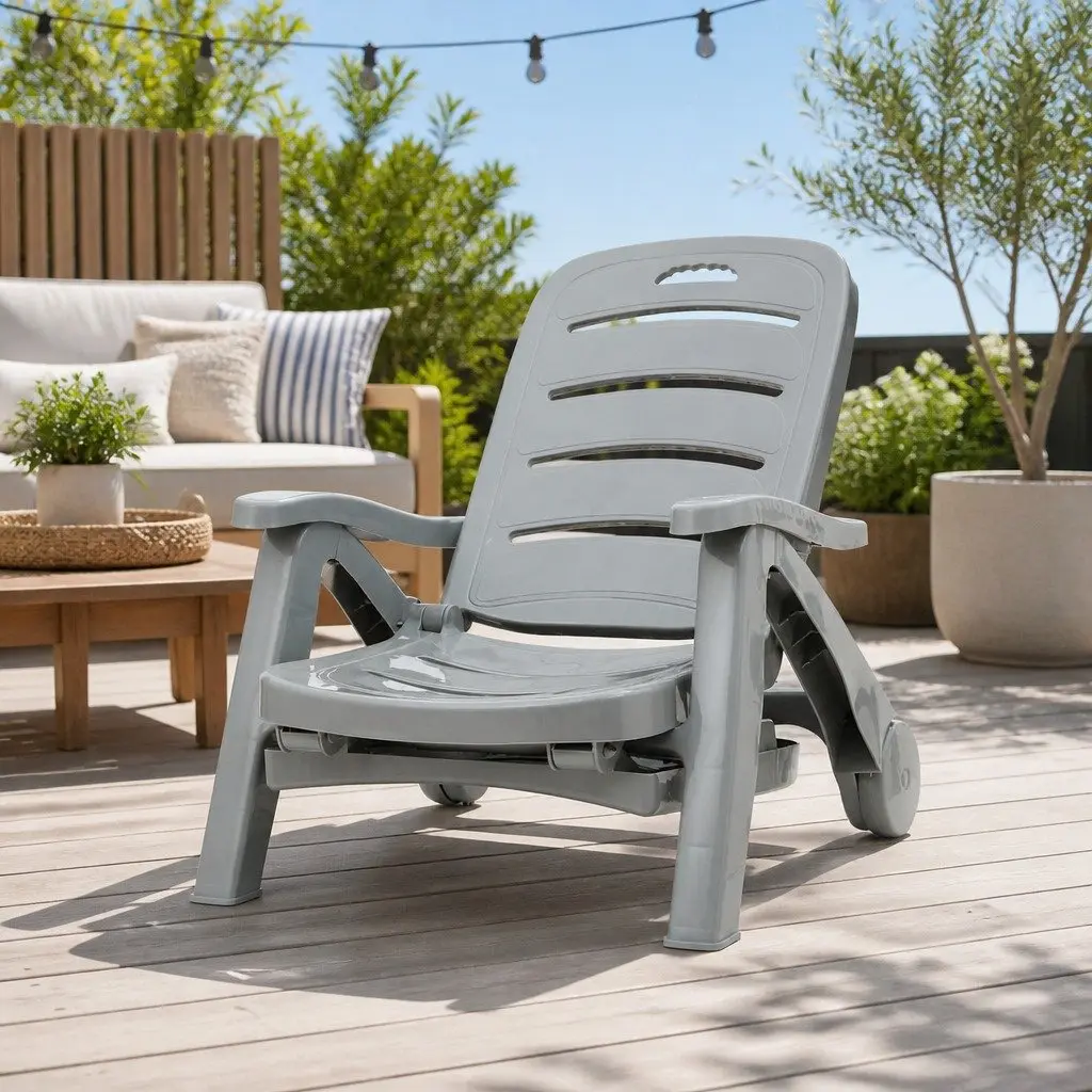 Sun Lounger Folding Lounge Chair with Wheels Adjustable Backrest Grey