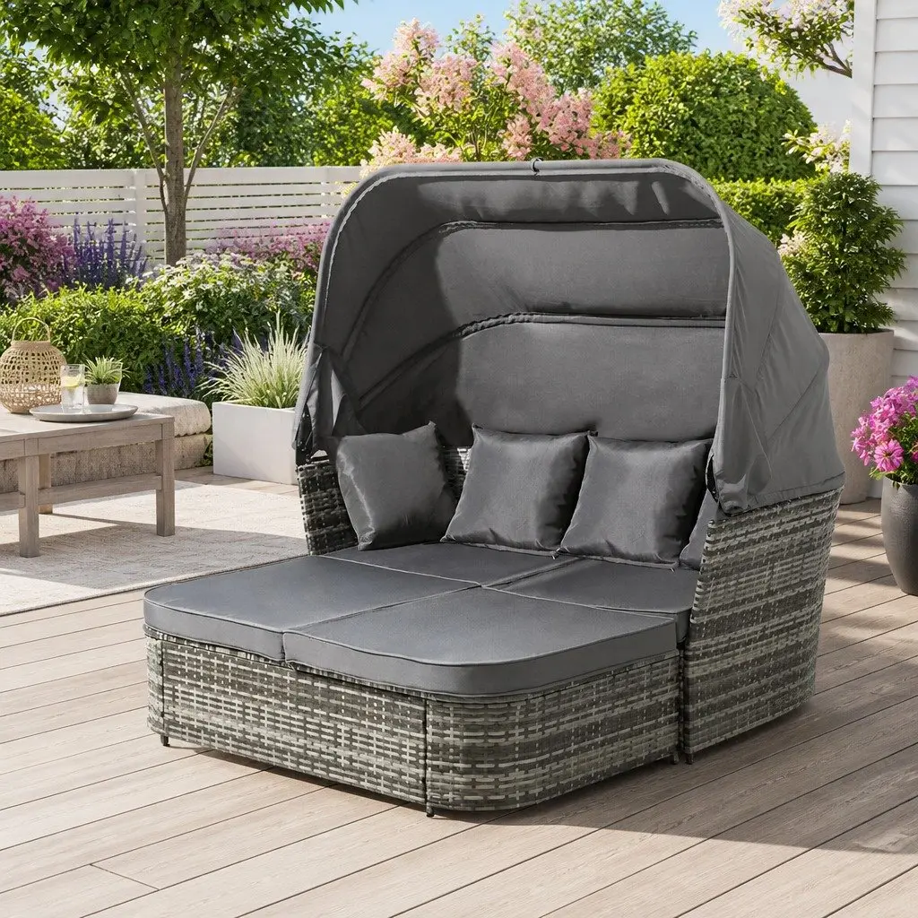 Outdoor Day Bed Modular Grey Wicker Sofa with Foldable Canopy and Plush Cushions