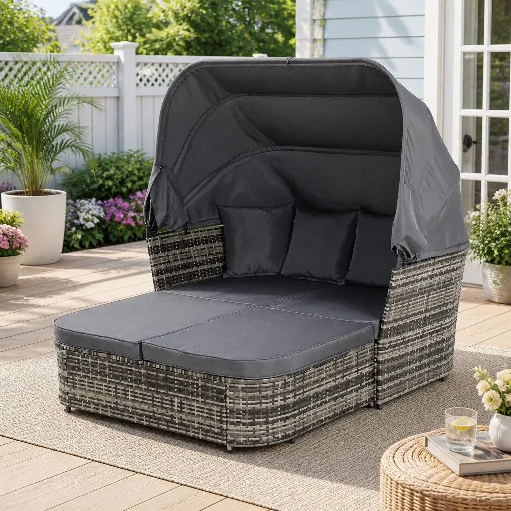 Outdoor Day Bed Modular Grey Wicker Sofa with Foldable Canopy and Plush Cushions
