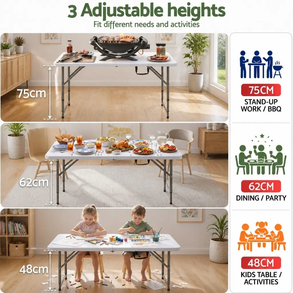 Folding Table 123cm Portable Adjustable Height Outdoor Utility
