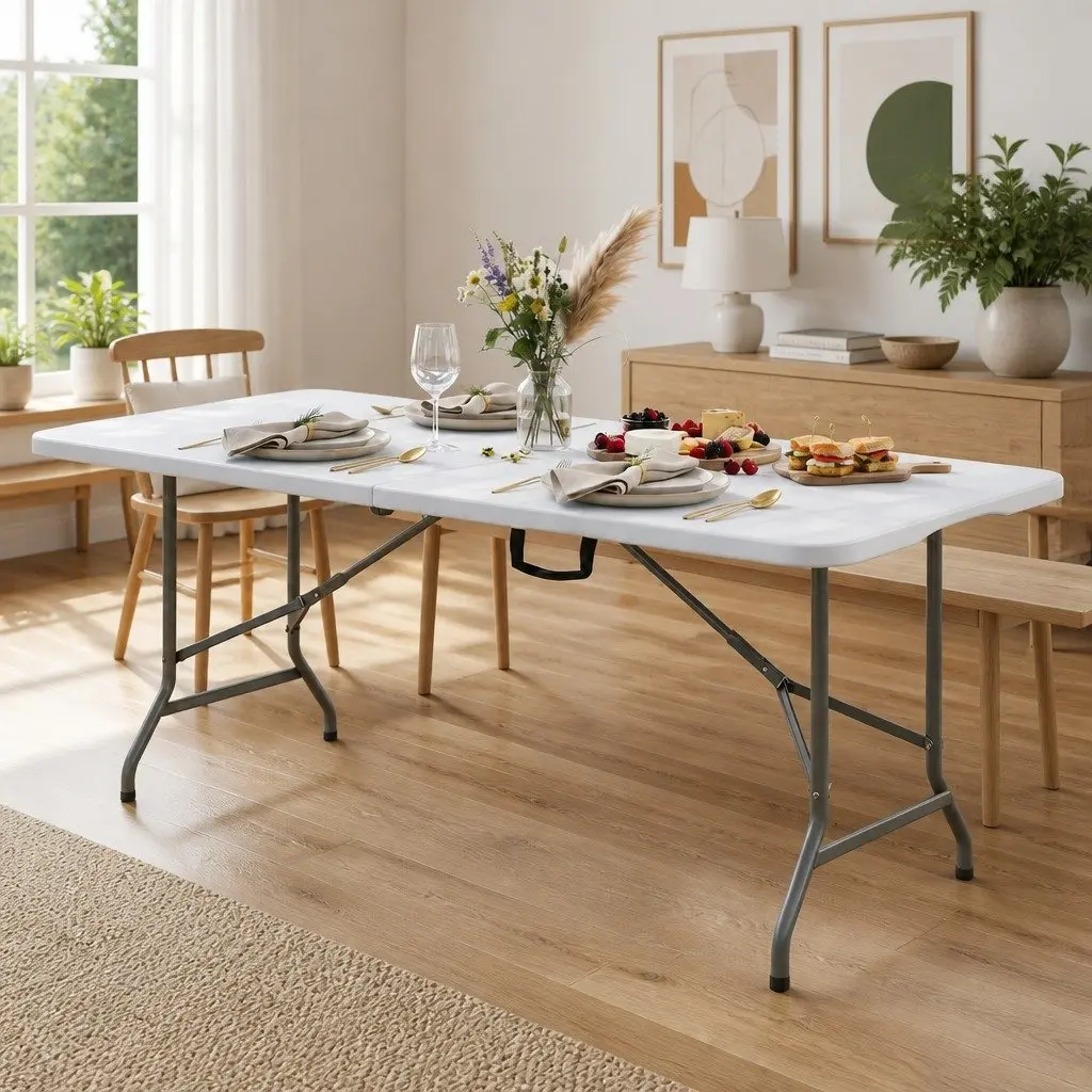 Folding Table 180cm Portable Fold-in-Half Carry Handle Indoor Outdoor Use