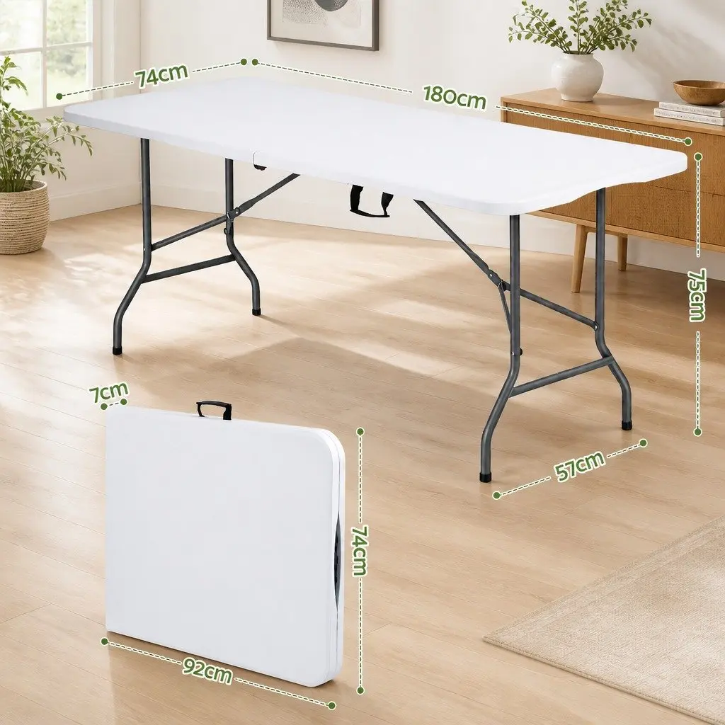 Folding Table 180cm Portable Fold-in-Half Carry Handle Indoor Outdoor Use