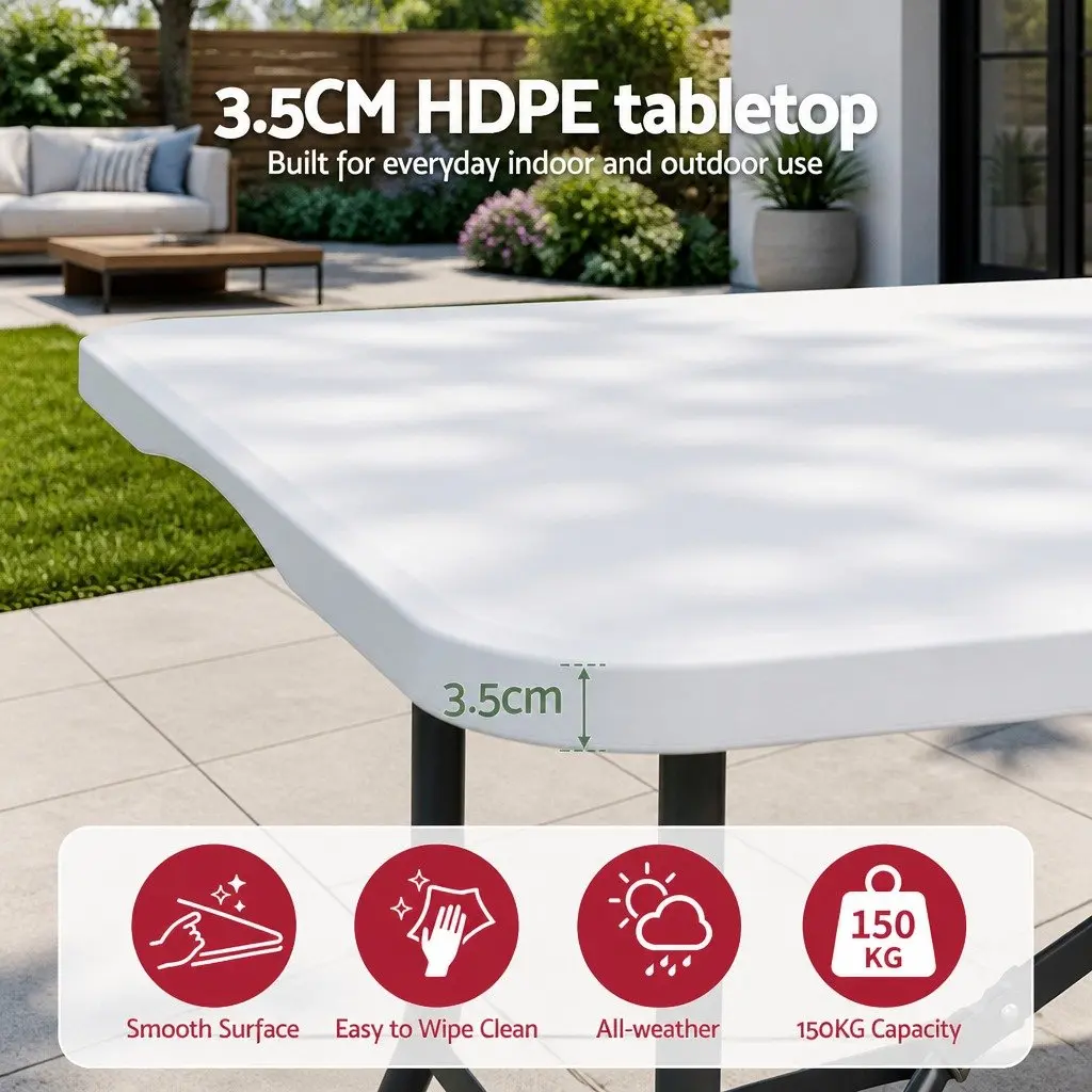 Folding Table 180cm Portable Fold-in-Half Carry Handle Indoor Outdoor Use