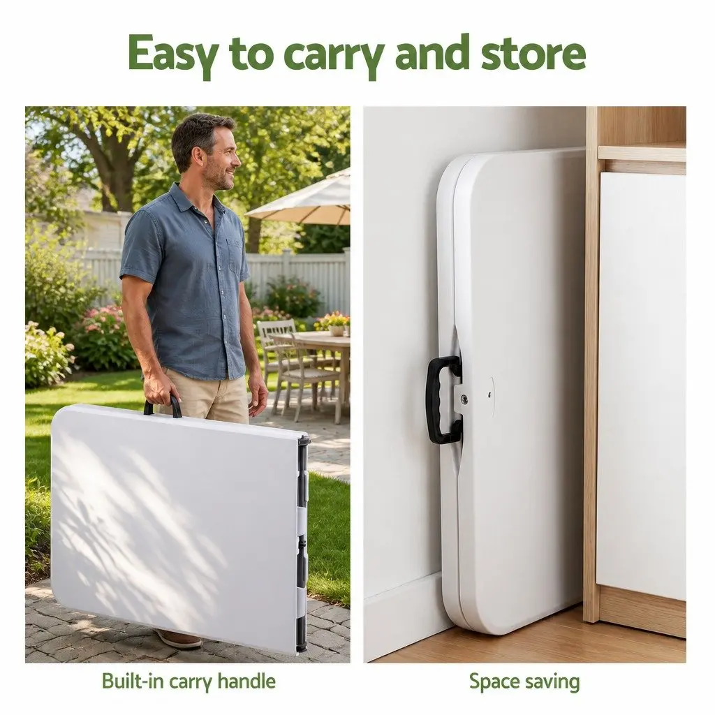 Folding Table 180cm Portable Fold-in-Half Carry Handle Indoor Outdoor Use