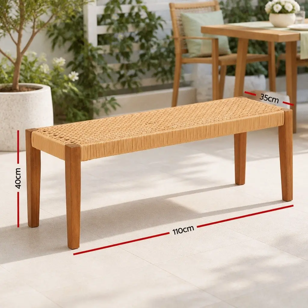 Outdoor Garden Bench 2-Seater Natural Wood Weather-Resistant PE Wicker Seat