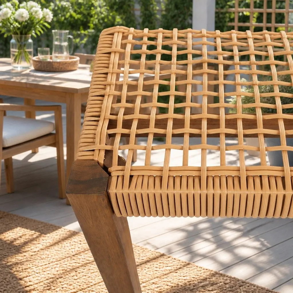 Outdoor Garden Bench 2-Seater Natural Wood Weather-Resistant PE Wicker Seat