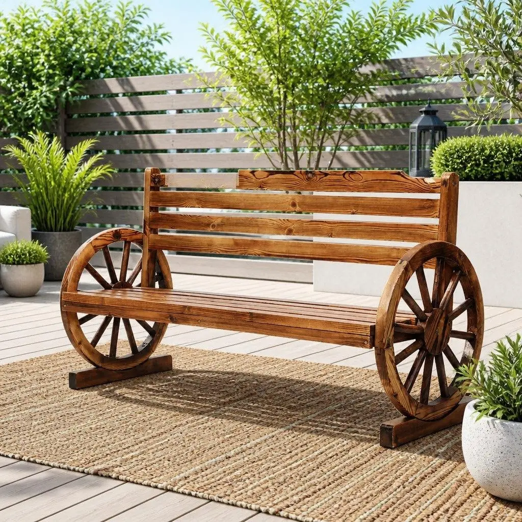 Outdoor Garden Bench 3 Seat Fir Wood Wagon Wheel Armrests Brown