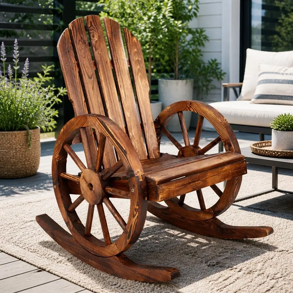 Wagon Wheels Rocking Chair Brown Outdoor Garden Furniture Rustic Wooden Rocker