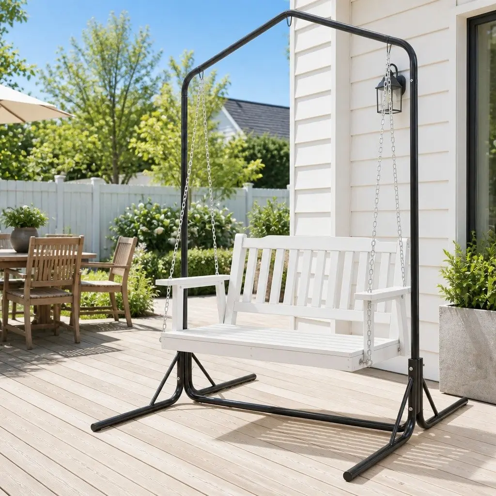 2-Seater Outdoor Swing Chair Wooden Bench Freestanding Metal Stand Garden Hanging Seat