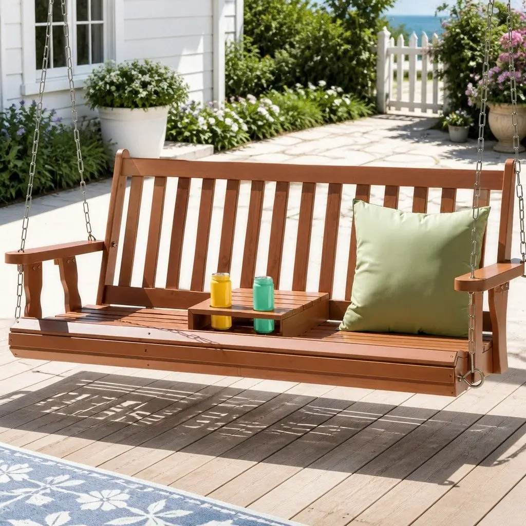 Outdoor Swing Chair 2 Seat Teak Wood Frame Cup Holder Heavy-Duty Metal Chains
