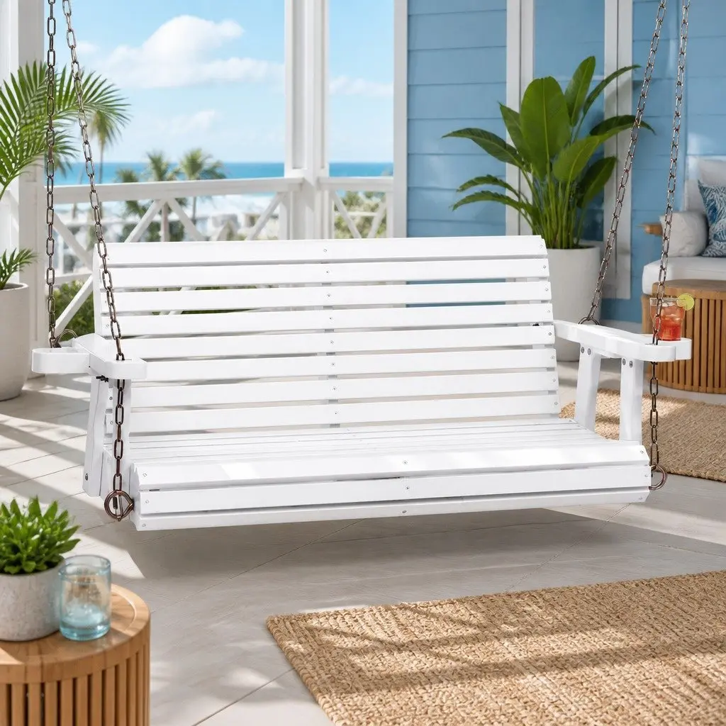 Outdoor Swing Chair 2 Seater White Wooden Frame with Cup Holder