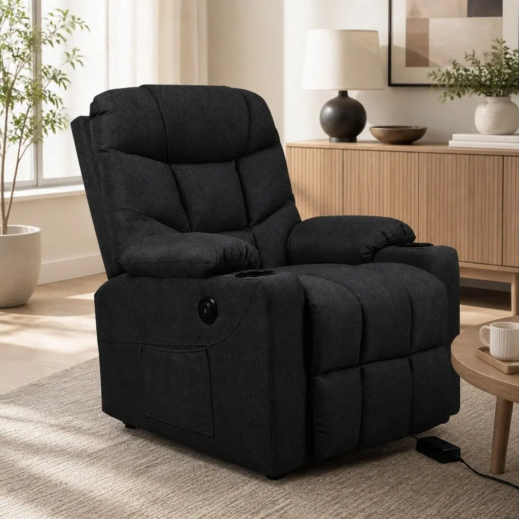 Electric Lift Recliner Chair Black Microfibre Wide Seat Adjustable Backrest USB Charging Cup Holders Side Storage
