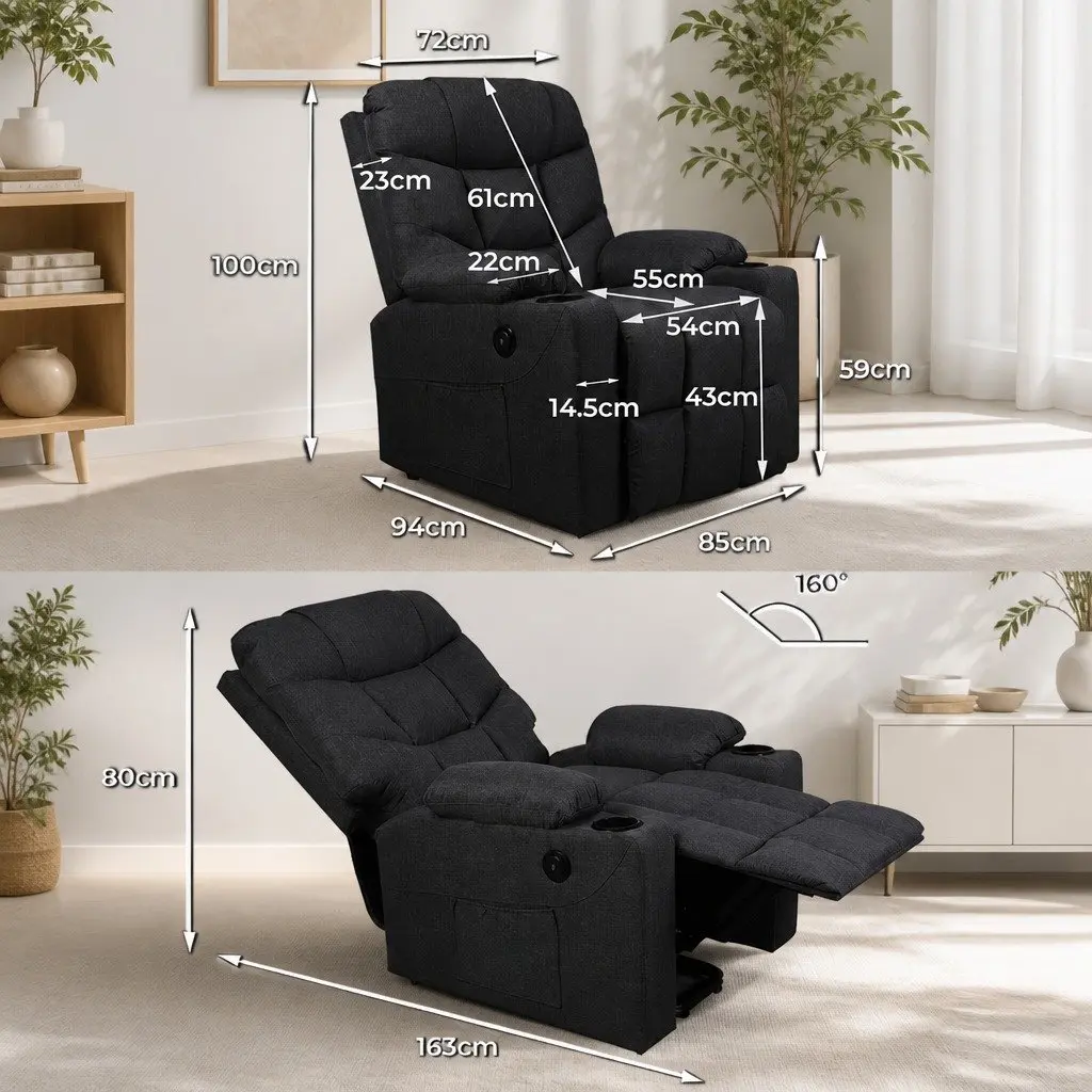 Electric Lift Recliner Chair Black Microfibre Wide Seat Adjustable Backrest USB Charging Cup Holders Side Storage