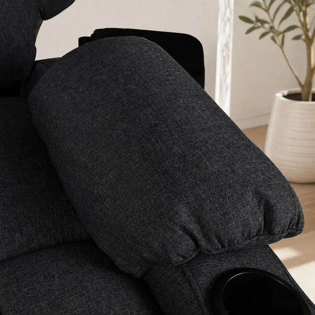 Electric Lift Recliner Chair Black Microfibre Wide Seat Adjustable Backrest USB Charging Cup Holders Side Storage