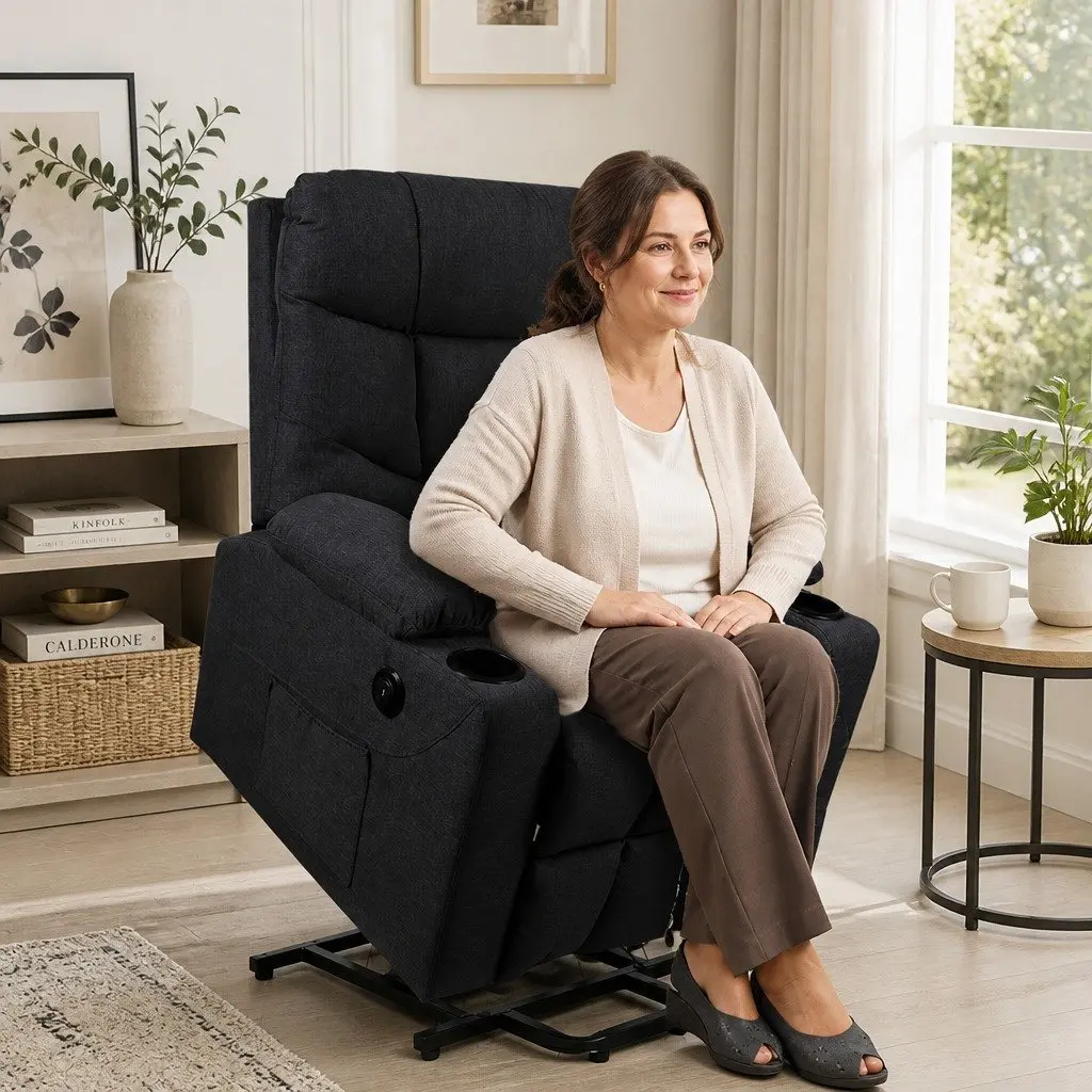 Electric Lift Recliner Chair Black Microfibre Wide Seat Adjustable Backrest USB Charging Cup Holders Side Storage
