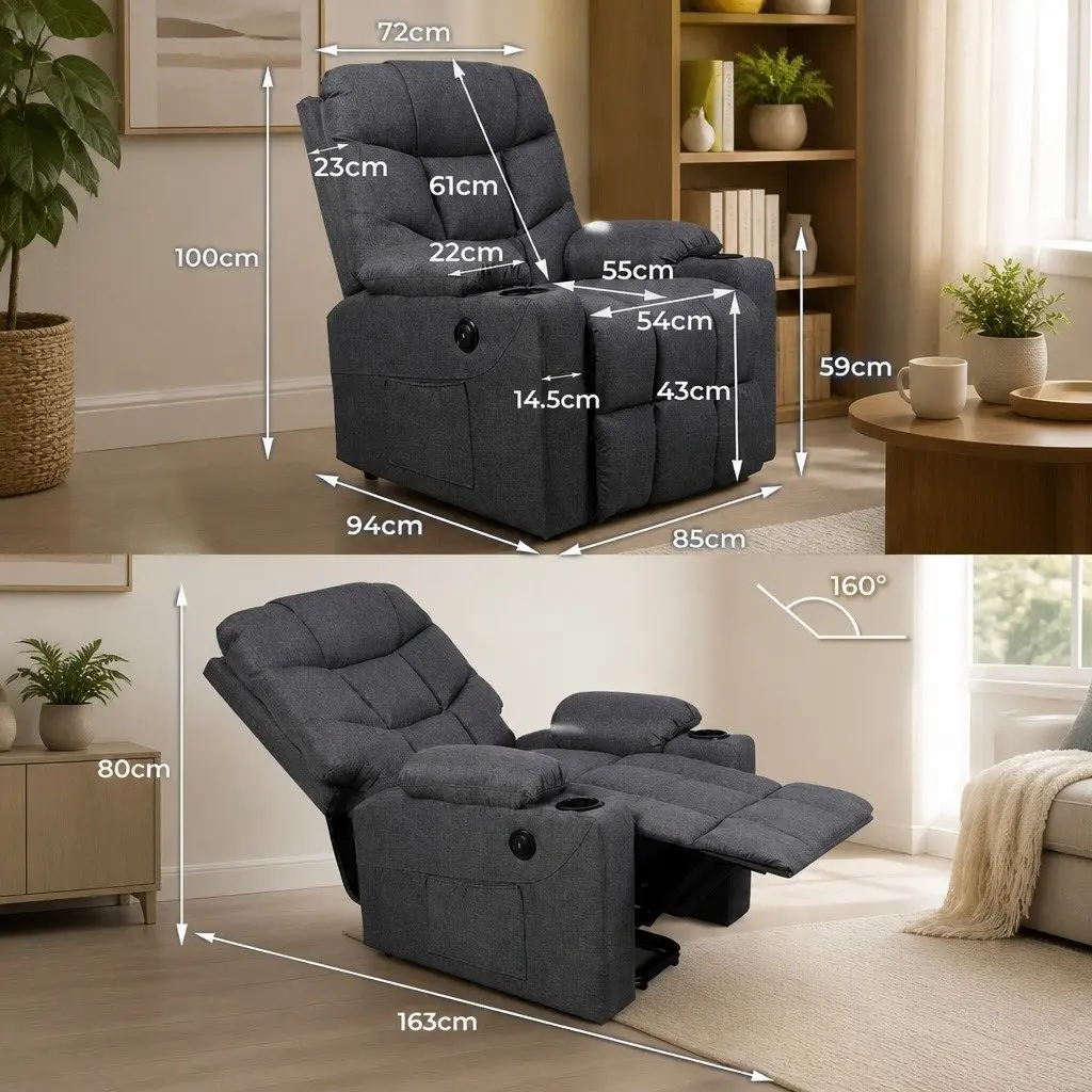 Electric Lift Recliner Chair Grey Microfibre Adjustable Recline Ergonomic Support