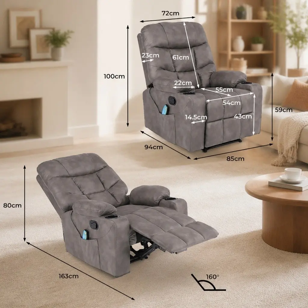 Electric Massage Recliner Chair 8-Point Heat Lumbar Support Reclining Function Grey