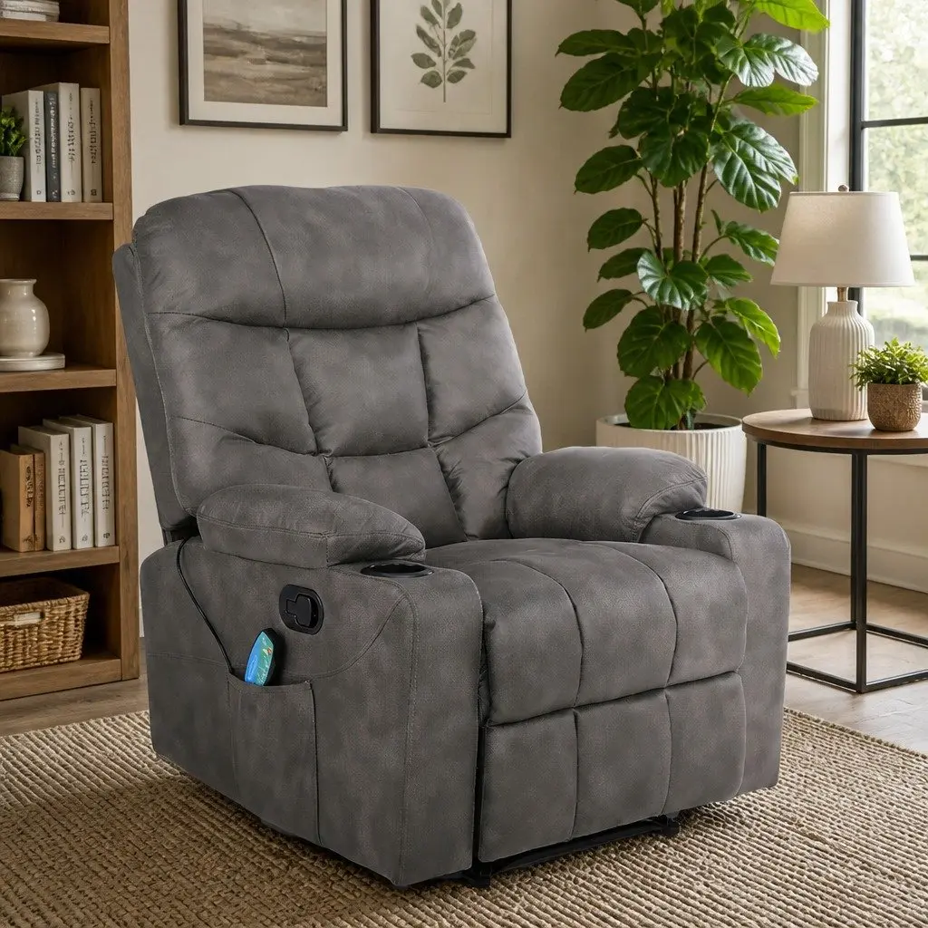 Electric Massage Recliner Chair 8-Point Heat Lumbar Support Reclining Function Grey
