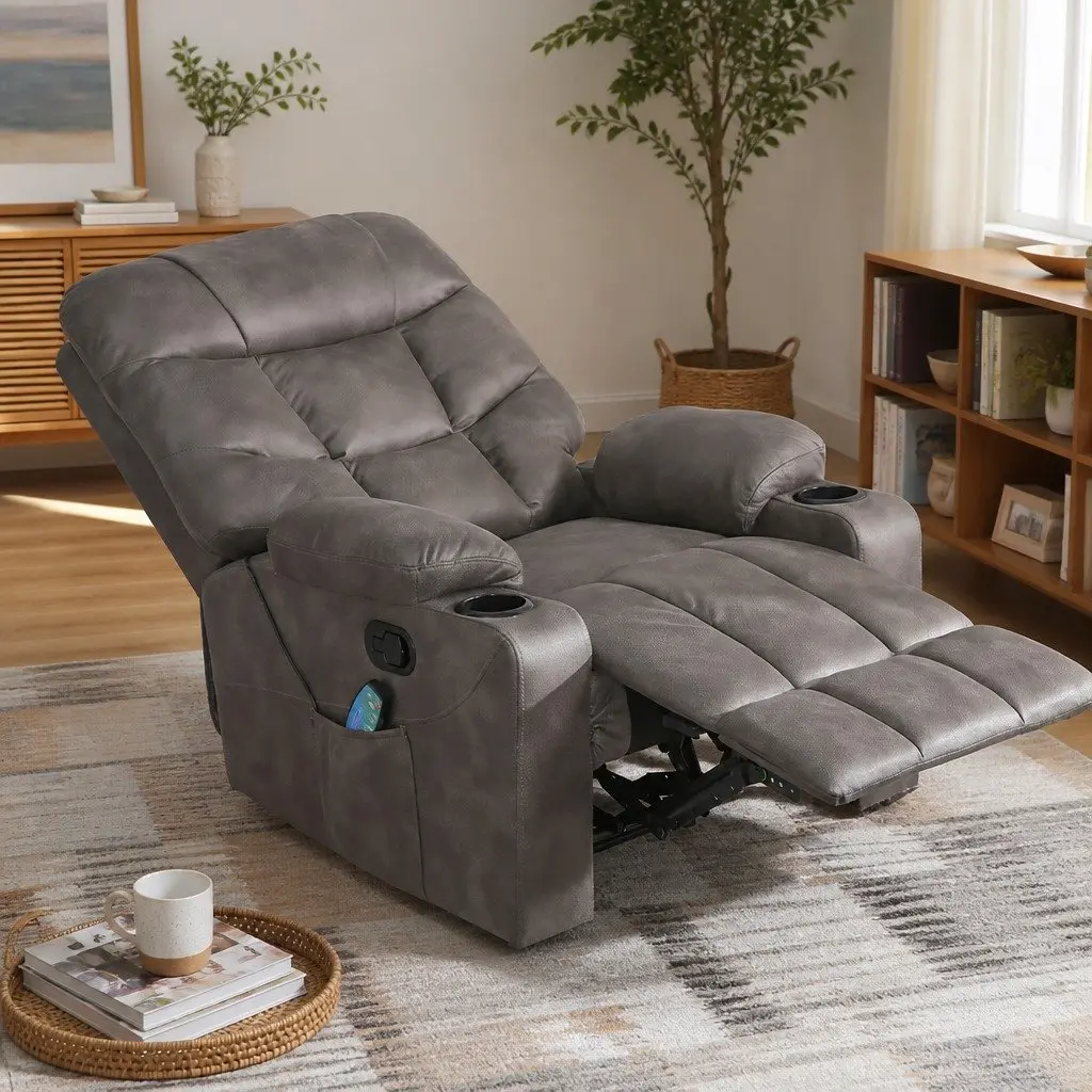 Electric Massage Recliner Chair 8-Point Heat Lumbar Support Reclining Function Grey
