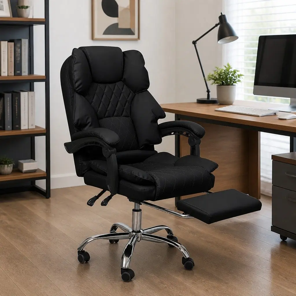 Gaming Office Chair Black Ergonomic PU Leather Adjustable Height Reclining Footrest 360 Degree Swivel