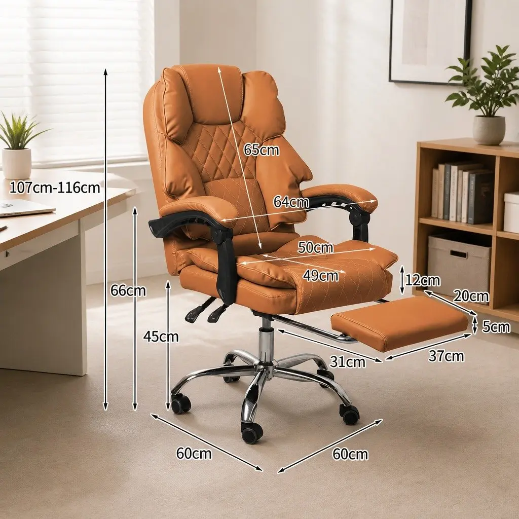 Gaming Office Chair Brown Ergonomic PU Leather Reclining Adjustable Height Footrest
