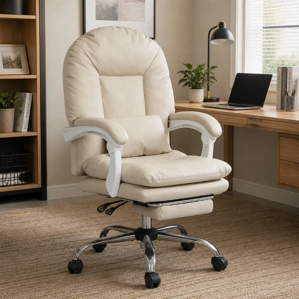 High Back Executive Office Chair Ergonomic Reclining with Footrest Beige