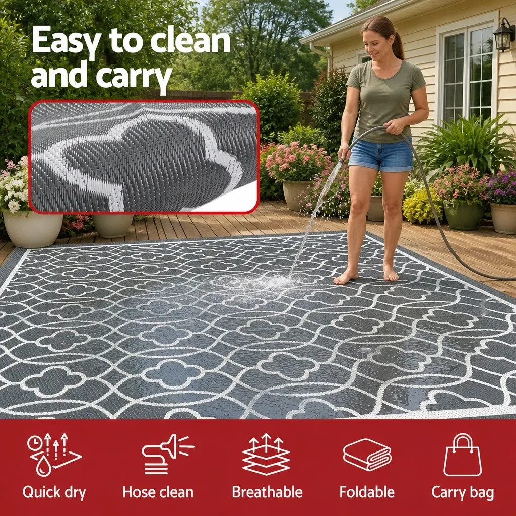 Outdoor Rug 274x366cm Large Reversible Carpet Grey Dual-Sided