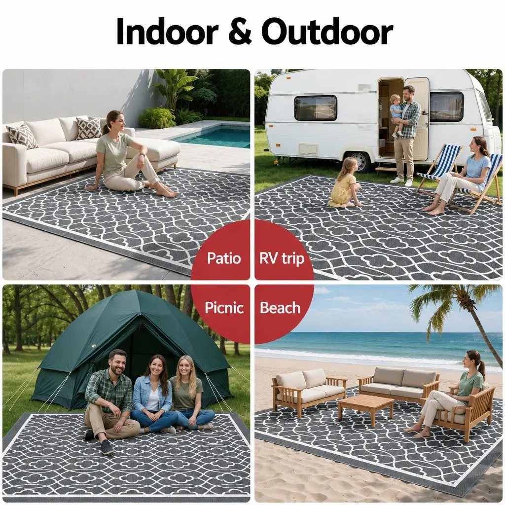 Outdoor Rug 274x366cm Large Reversible Carpet Grey Dual-Sided