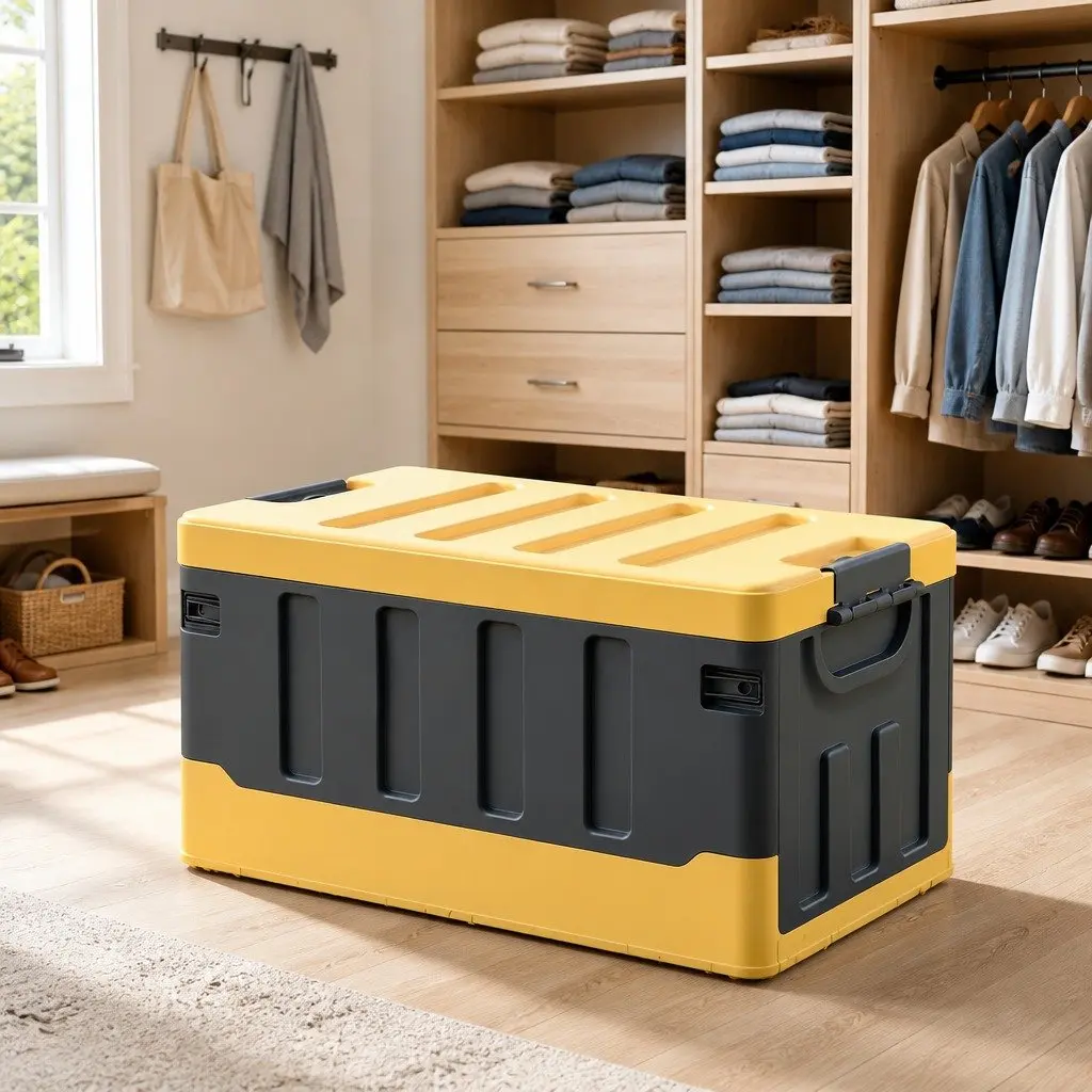Collapsible Storage Box 60L Stackable Folding Organizer Yellow