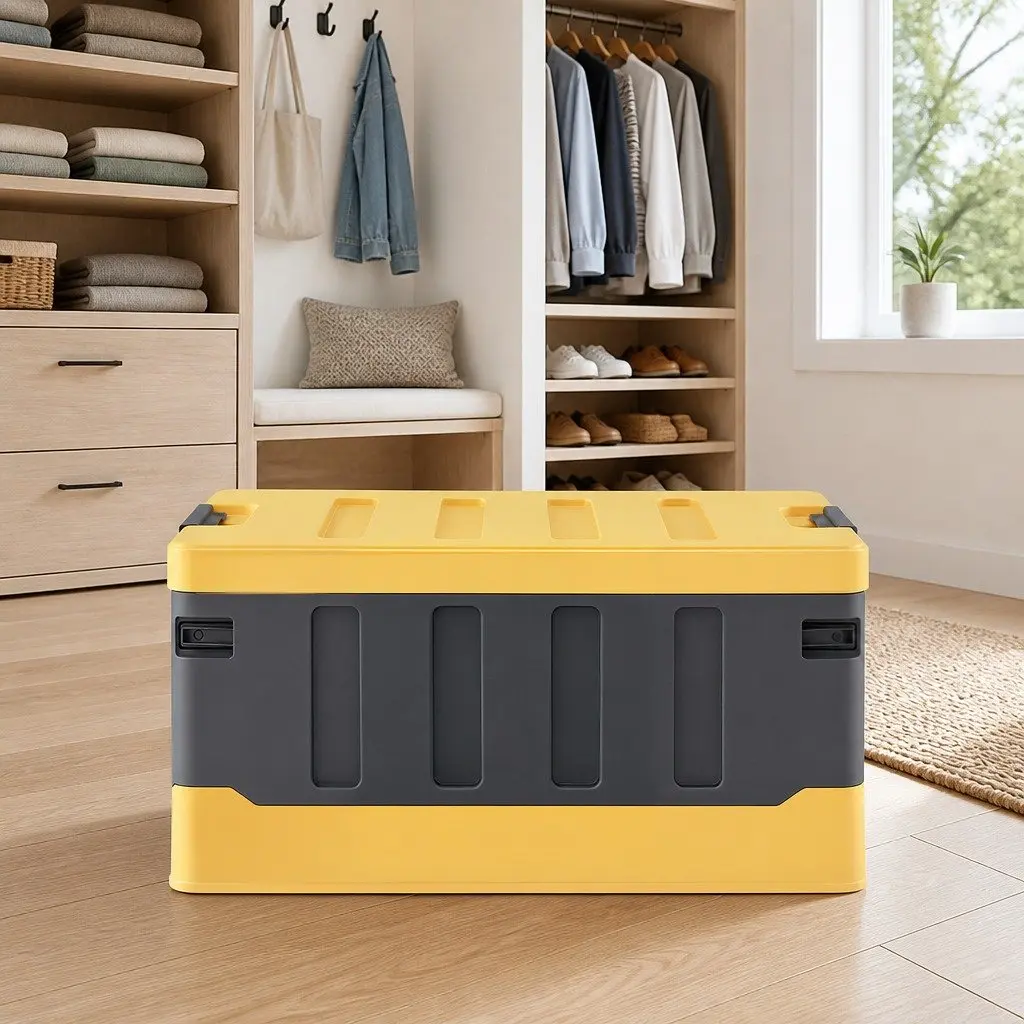 Collapsible Storage Box 60L Stackable Folding Organizer Yellow