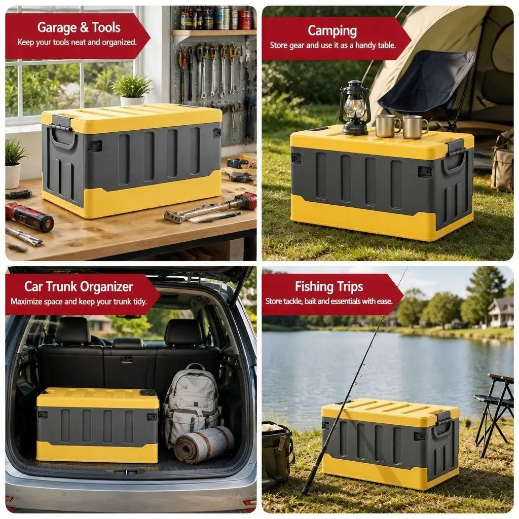 Collapsible Storage Box 60L Stackable Folding Organizer Yellow