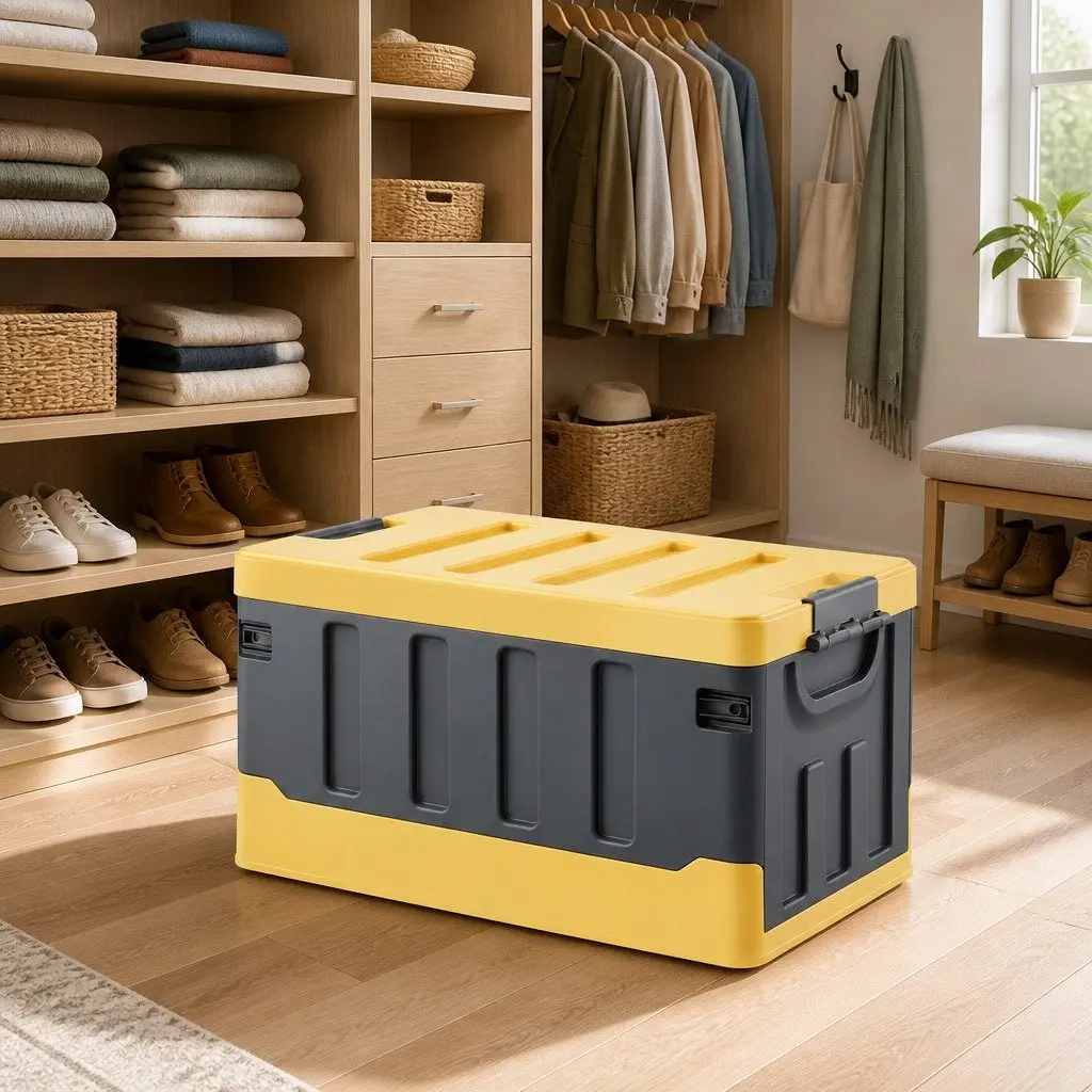 Collapsible Storage Box 60L Stackable Folding Organizer Yellow