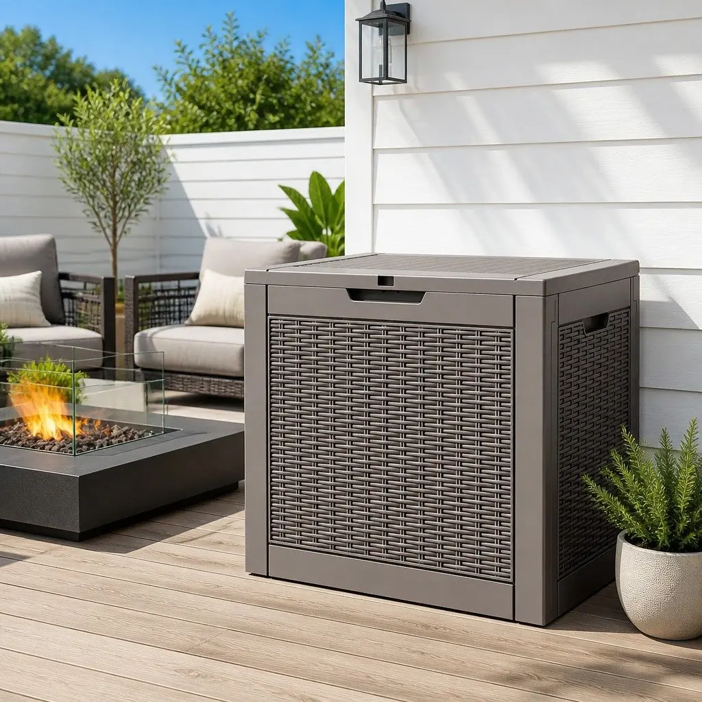 Outdoor Storage Box 118L Lockable Lid Rattan Texture