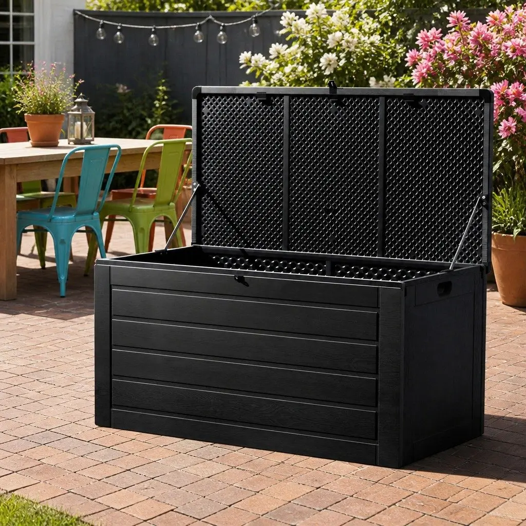 Outdoor Storage Box 680L Lockable Weather Resistant Garden Bench Black