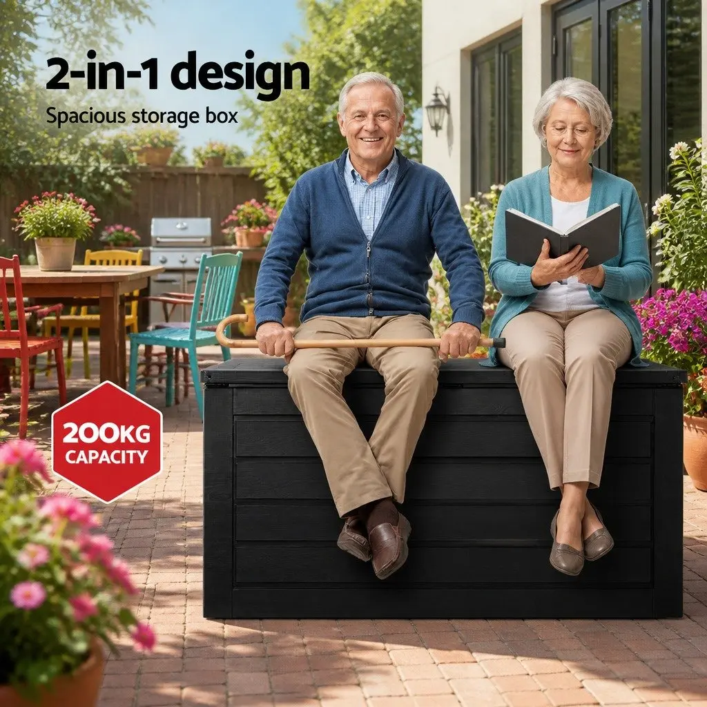 Outdoor Storage Box 680L Lockable Weather Resistant Garden Bench Black