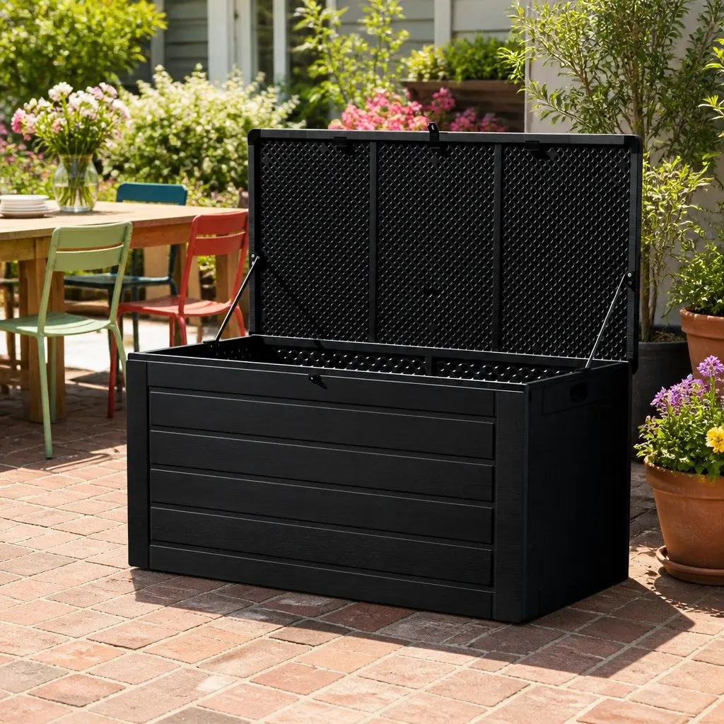 Outdoor Storage Box 680L Lockable Weather Resistant Garden Bench Black